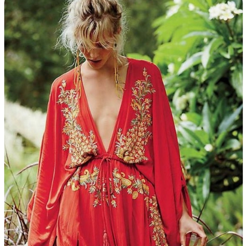 NWT Free People Pretty Pineapple Embroidered Dress S Brown Floral Boho V Neck - Picture 15 of 16